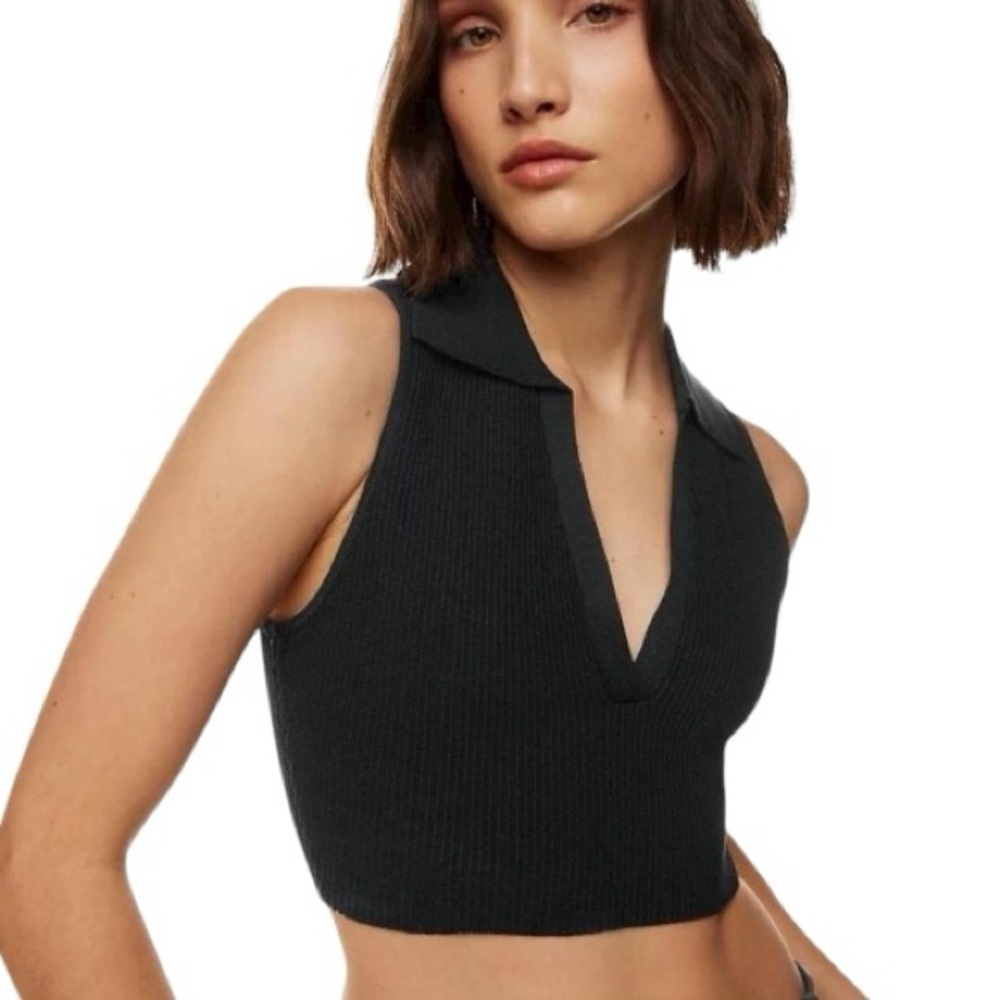 Aritzia Babaton Sculpt Knit Polo Top – Black (Size XXS)